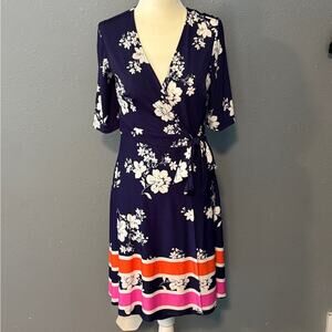 VINCE CAMUTO Dress Size 8 Floral Wrap Navy Blue Short Sleeve V-Neck Stretchy Tie